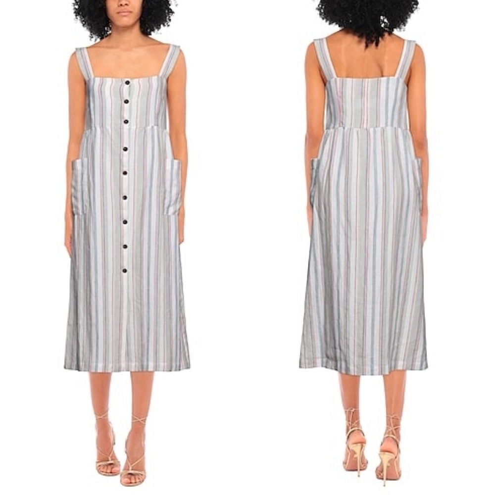 Giuliva Heritage Striped Button Front Linen Midi Dress Size Large Ivory Multi
